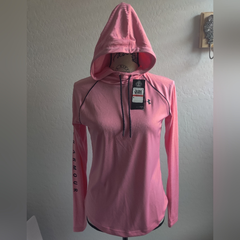 🆕 Under Armour Pink Salmon Coral Long sleeve hooded active Heatgear pullover_XS